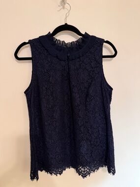 J. Crew Navy Ruffled Lace Neck Blouse